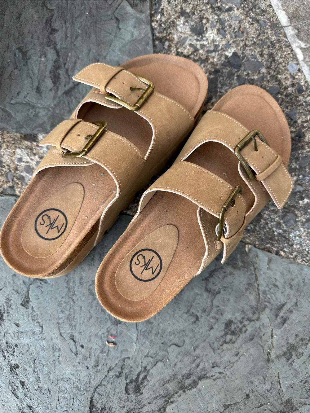 Michael Kors Tan Double Buckle Slide Sandals with Brass Hardware
